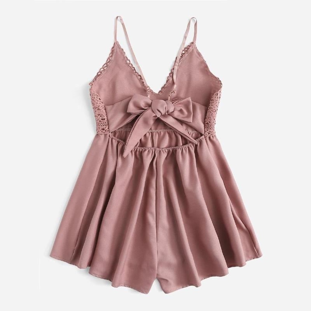 Contrast Crochet Lace Self-Tie Cami Romper - Picture 8 of 12